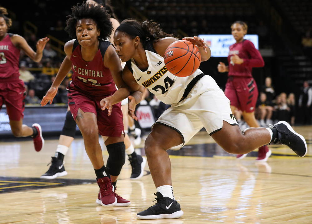 Iowa Hawkeyes guard Zion Sanders (24) drives the baseline during a game against North Carolina Central at Carver-Hawkeye Arena on November 17, 2018. (Tork Mason/hawkeyesports.com)