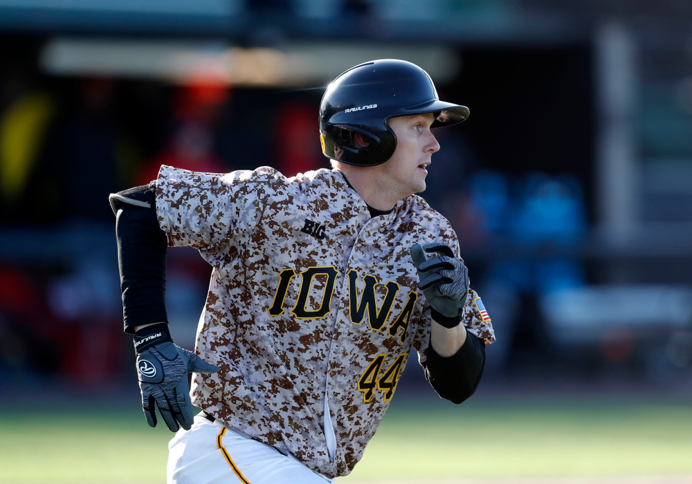 Iowa Hawkeyes outfielder Robert Neustrom (44) against the Ohio State Buckeyes Saturday, April 7, 2018 at Duane Banks Field. (Brian Ray/hawkeyesports.com)