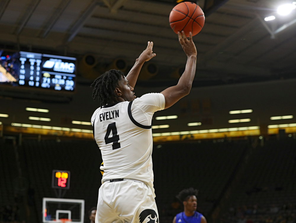 Iowa Hawkeyes guard Bakari Evelyn (4) puts up a shot during the second half of their exhibition game against Lindsey Wilson College at Carver-Hawkeye Arena in Iowa City on Monday, Nov 4, 2019. (Stephen Mally/hawkeyesports.com)