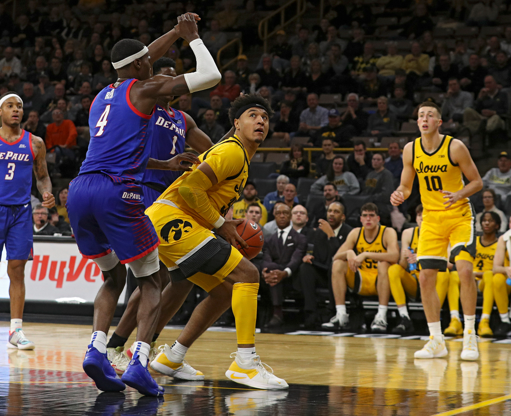 Iowa Hawkeyes forward Cordell Pemsl (35) eyes the basket during the second half of their game at Carver-Hawkeye Arena in Iowa City on Monday, Nov 11, 2019. (Stephen Mally/hawkeyesports.com)