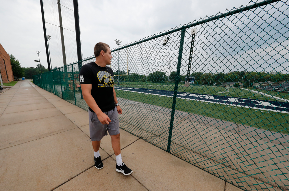 Iowa Hawkeyes quarterback Nathan Stanley (4) talks about his memories of playing high school football on the field at the University of WisconsinÐStout Wednesday, May 30, 2018 in Menomonie, Wisc. (Brian Ray/hawkeyesports.com)