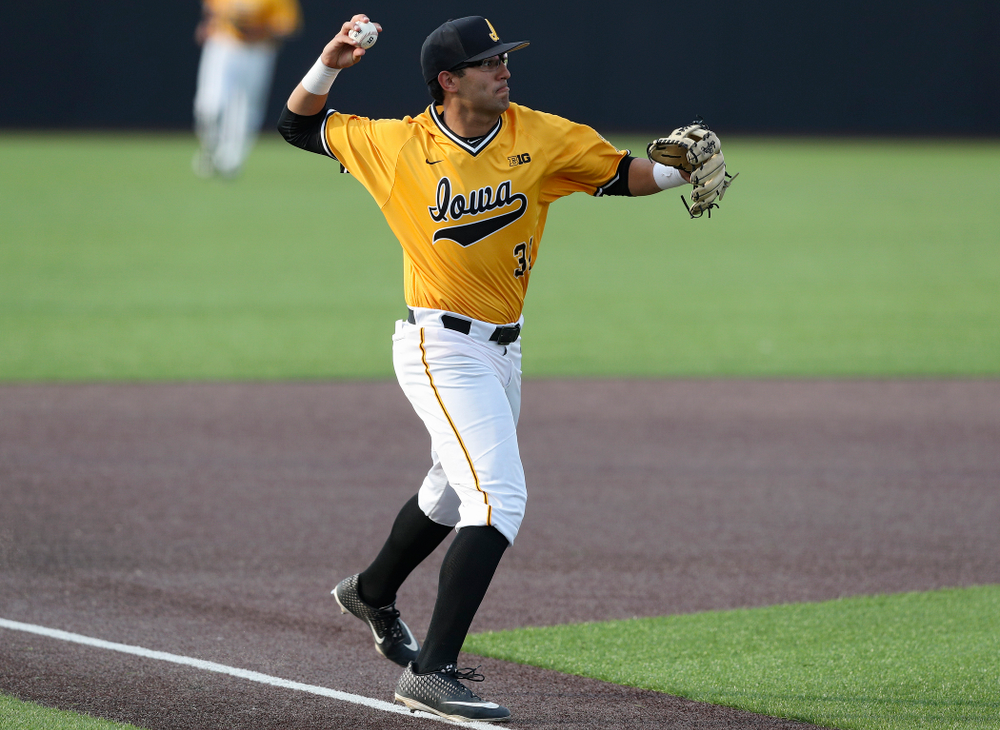 Iowa Hawkeyes third baseman Matthew Sosa (31) throws to first for an out during the fifth inning of their game against Northern Illinois at Duane Banks Field in Iowa City on Tuesday, Apr. 16, 2019. (Stephen Mally/hawkeyesports.com)