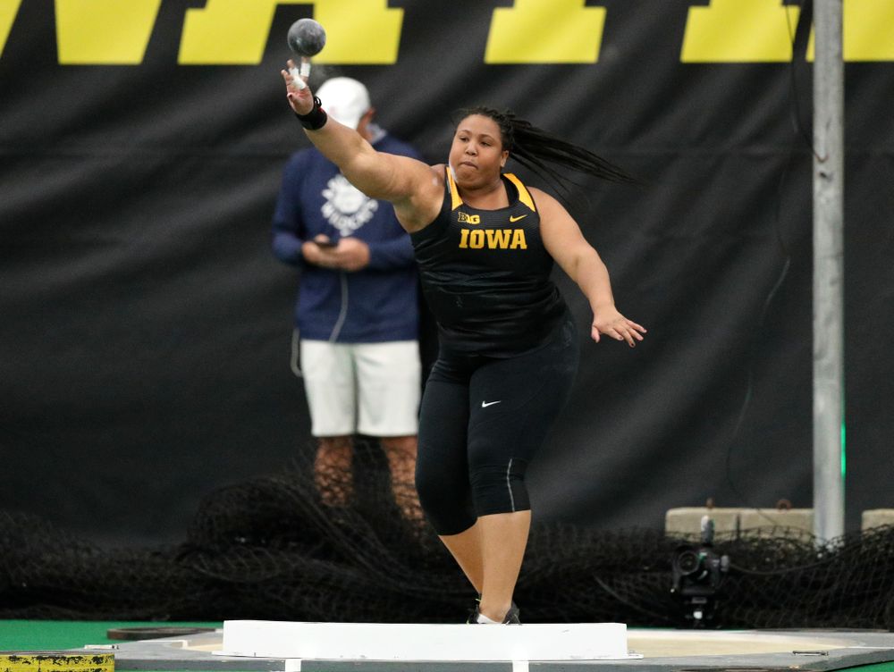 Iowa’s Ianna Roach throws in the women’s shot put event during the Larry Wieczorek Invitational at the Hawkeye Tennis and Recreation Complex in Iowa City on Friday, January 17, 2020. (Stephen Mally/hawkeyesports.com)