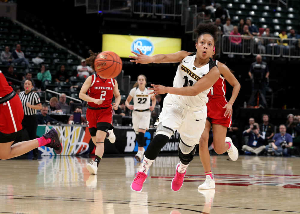Iowa Hawkeyes guard Tania Davis (11) against the Rutgers Scarlet Knights in the semi-finals of the Big Ten Tournament Saturday, March 9, 2019 at Bankers Life Fieldhouse in Indianapolis, Ind. (Brian Ray/hawkeyesports.com)
