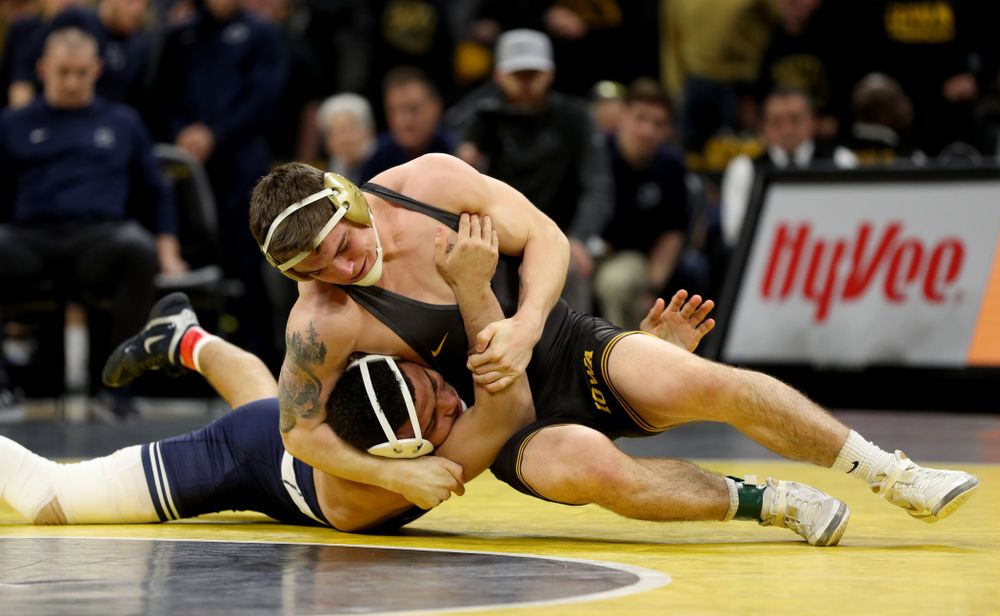 Iowa’s Abe Assad wrestles against Penn State’s Aaron Brooks at 184 pounds Friday, January 31, 2020 at Carver-Hawkeye Arena. (Brian Ray/hawkeyesports.com)