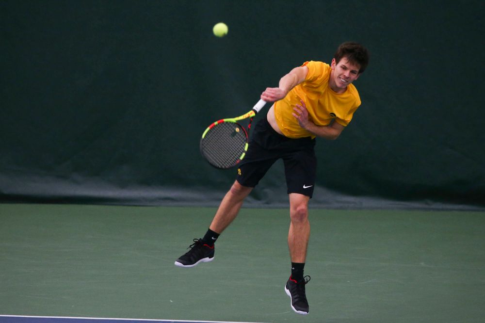 Iowa's Joe Tyler at a tennis match vs Drake Friday, March 8, 2019 at the Hawkeye Tennis and Recreation Complex. (Lily Smith/hawkeyesports.com)