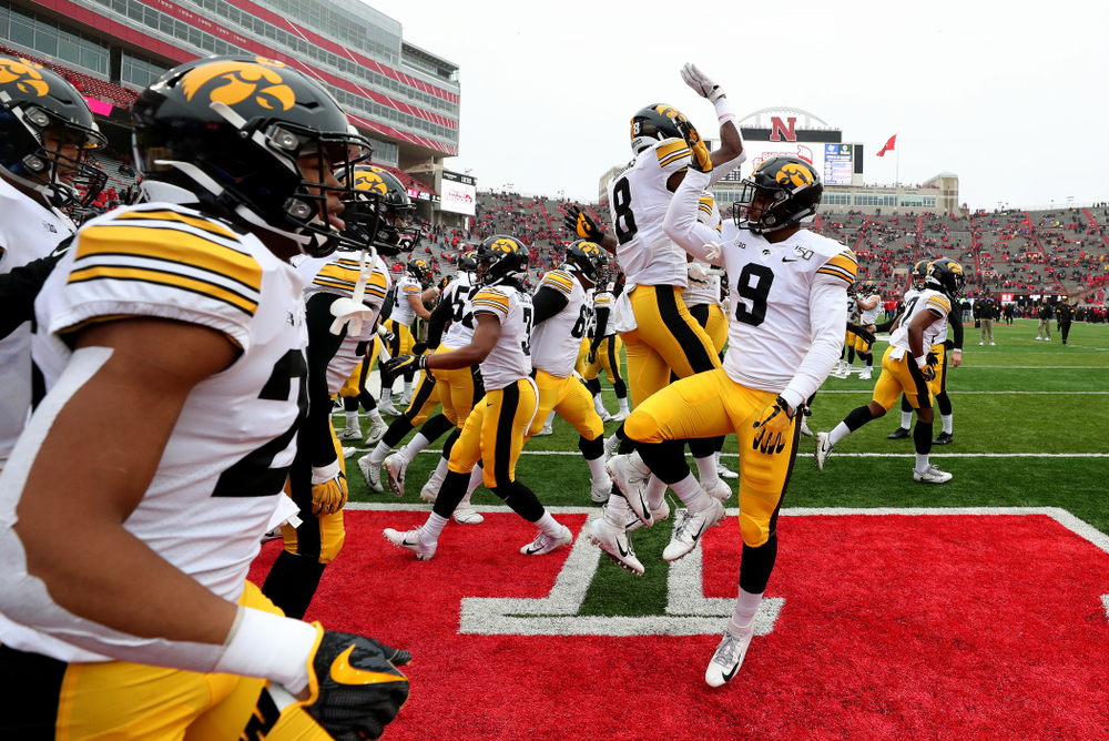 Iowa Hawkeyes defensive back Geno Stone (9) and defensive back Matt Hankins (8) against the Nebraska Cornhuskers Friday, November 29, 2019 at Memorial Stadium in Lincoln, Neb. (Brian Ray/hawkeyesports.com)