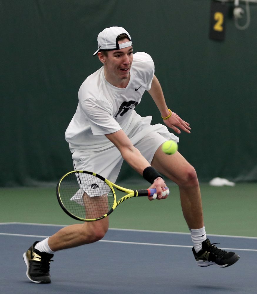 Iowa’s Nikita Snezhko against Cornell Sunday, March 8, 2020 at the Hawkeye Tennis and Recreation Center. (Brian Ray/hawkeyesports.com)