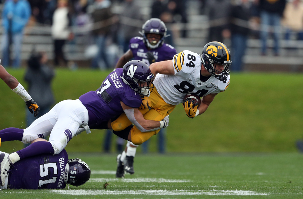 Iowa Hawkeyes tight end Sam LaPorta (84) against the Northwestern Wildcats Saturday, October 26, 2019 at Ryan Field in Evanston, Ill. (Brian Ray/hawkeyesports.com)