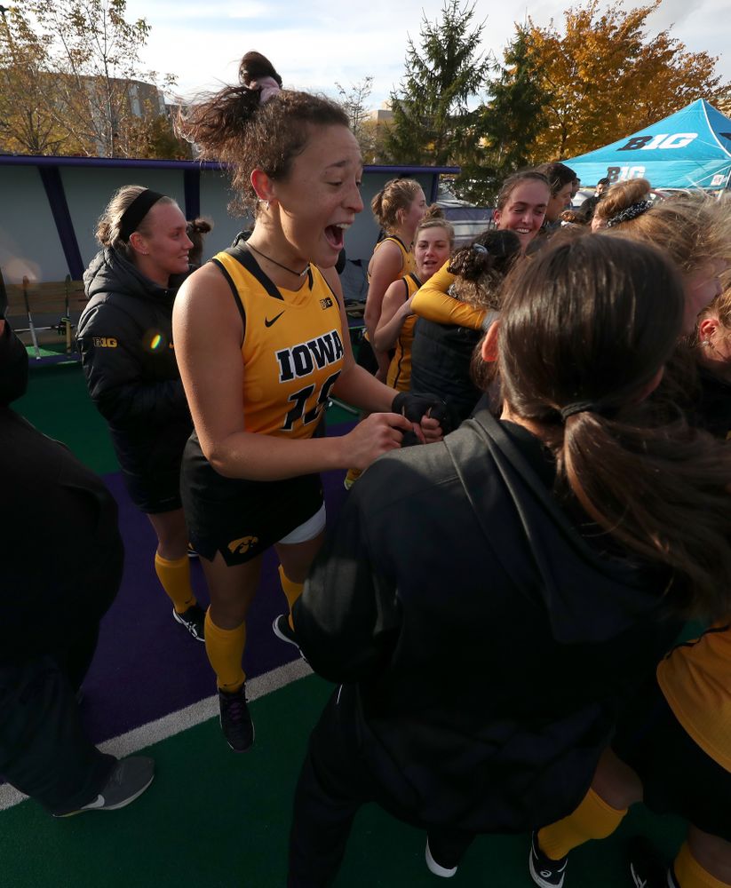 Iowa Hawkeyes Mya Christopher (18) celebrates their victory against the Michigan Wolverines in the semi-finals of the Big Ten Tournament Friday, November 2, 2018 at Lakeside Field on the campus of Northwestern University in Evanston, Ill. (Brian Ray/hawkeyesports.com)
