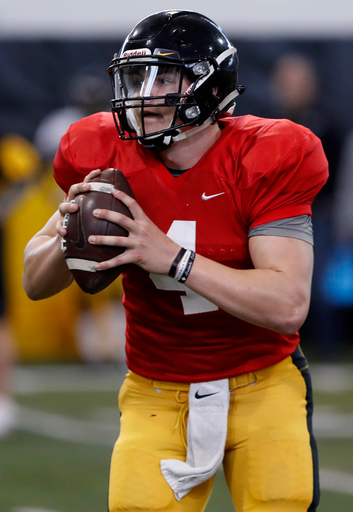 Nate Stanley -- University of Iowa spring football practice No. 6 on March 31, 2018, in Iowa City, Iowa. (Darren Miller/hawkeyesports.com)