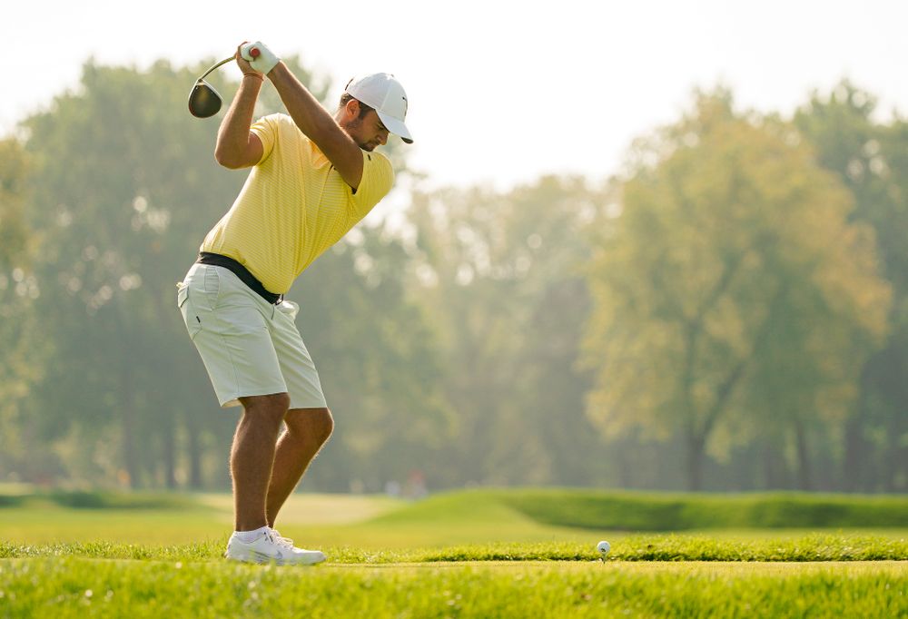 Iowa’s Gonzalo Leal tees off during the third day of the Golfweek Conference Challenge at the Cedar Rapids Country Club in Cedar Rapids on Tuesday, Sep 17, 2019. (Stephen Mally/hawkeyesports.com)