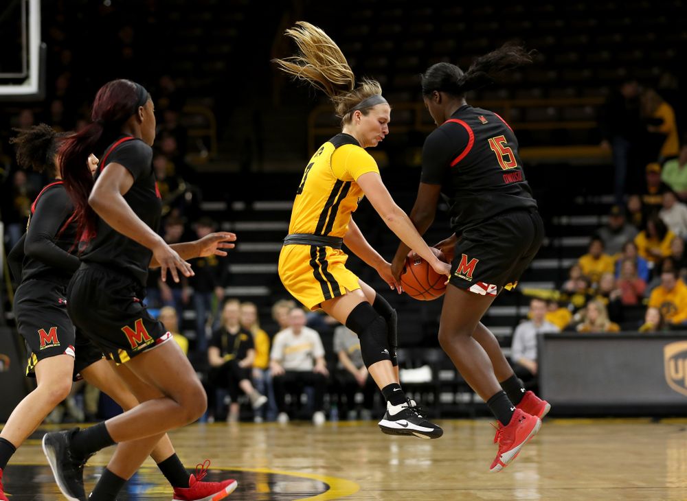 Iowa Hawkeyes guard Makenzie Meyer (3) against the Maryland Terrapins Thursday, January 9, 2020 at Carver-Hawkeye Arena. (Brian Ray/hawkeyesports.com)