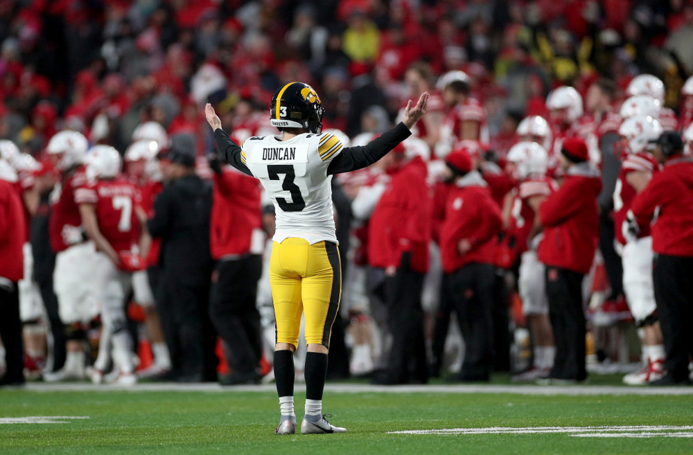 Iowa Hawkeyes place kicker Keith Duncan (3) celebrates after kicking the game winning field goal against the Nebraska Cornhuskers Friday, November 29, 2019 at Memorial Stadium in Lincoln, Neb. (Brian Ray/hawkeyesports.com)