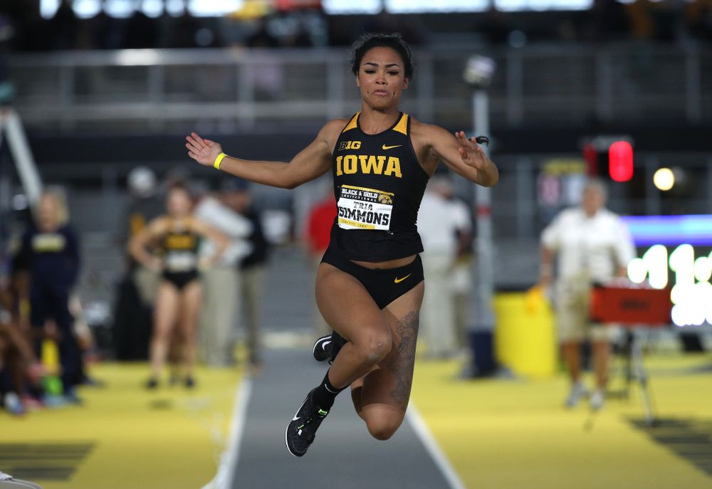 Iowa's Tria Simmons competes in the long jump during the Black and Gold Premier meet Saturday, January 26, 2019 at the Recreation Building. (Brian Ray/hawkeyesports.com)