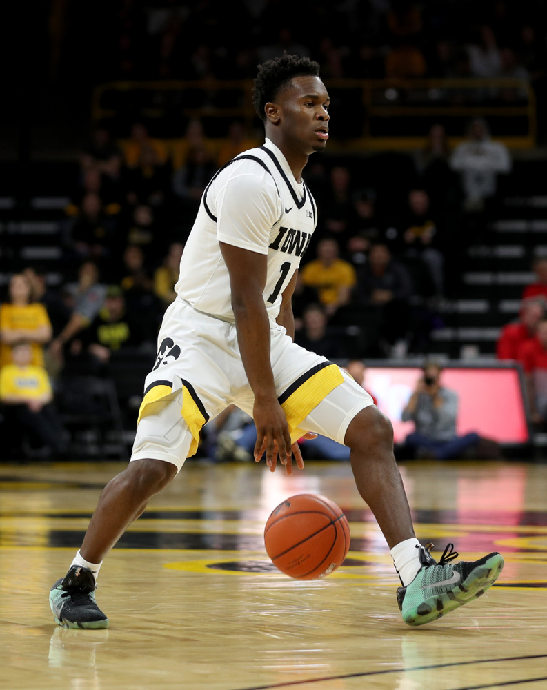 Iowa Hawkeyes guard Joe Toussaint (1) against the Maryland Terrapins Friday, January 10, 2020 at Carver-Hawkeye Arena. (Brian Ray/hawkeyesports.com)