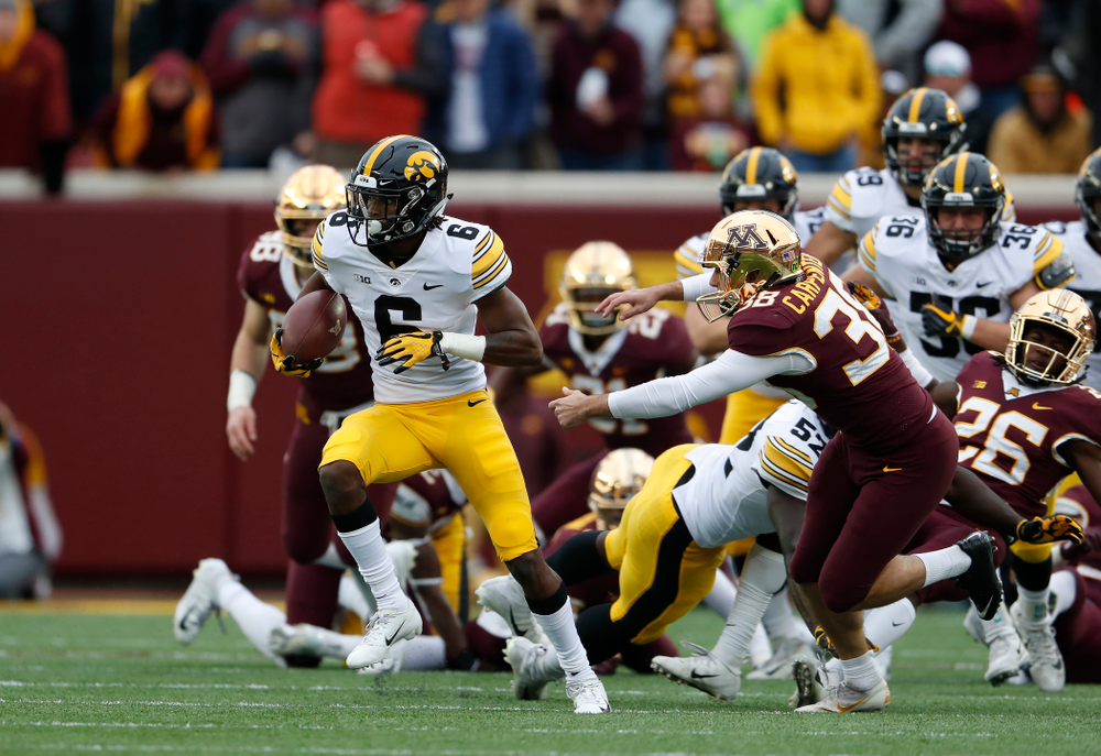 Iowa Hawkeyes wide receiver Ihmir Smith-Marsette (6) reruns a kick against the Minnesota Golden Gophers Saturday, October 6, 2018 at TCF Bank Stadium. (Brian Ray/hawkeyesports.com)