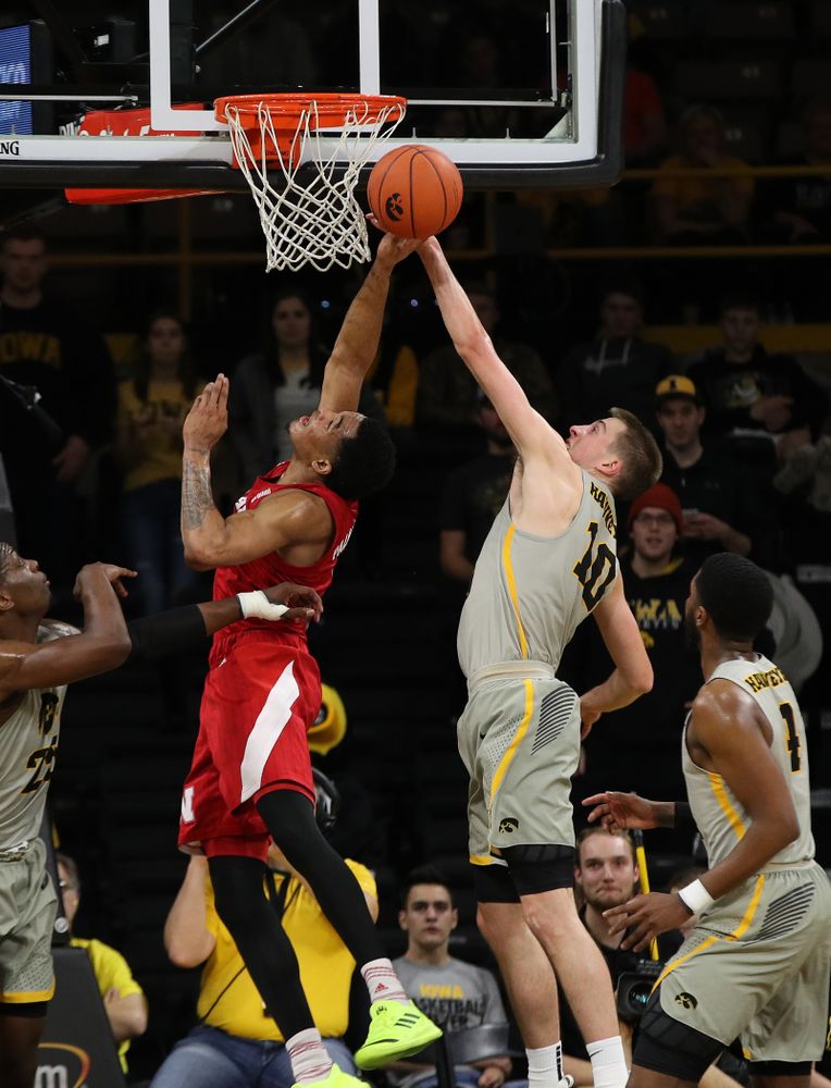Iowa Hawkeyes guard Joe Wieskamp (10) blocks a shot against the Nebraska Cornhuskers Sunday, January 6, 2019 at Carver-Hawkeye Arena. (Brian Ray/hawkeyesports.com)