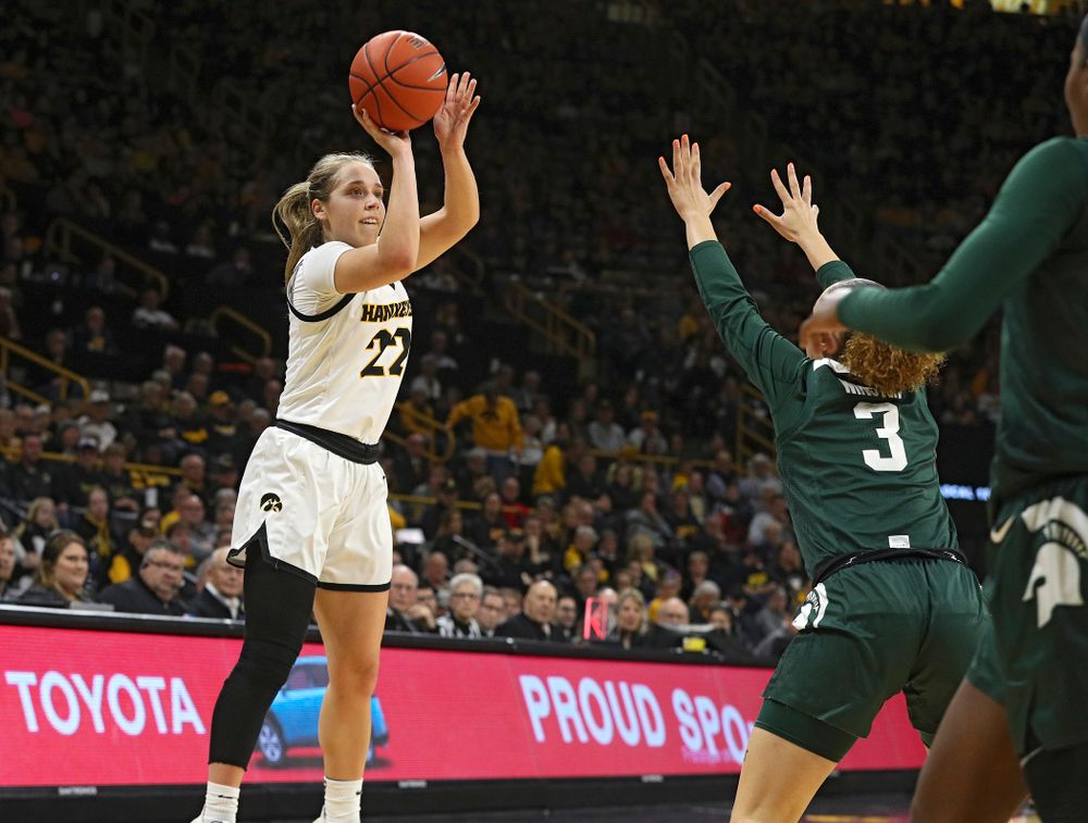 Iowa Hawkeyes guard Kathleen Doyle (22) puts up a shot during the first quarter of their game at Carver-Hawkeye Arena in Iowa City on Sunday, January 26, 2020. (Stephen Mally/hawkeyesports.com)
