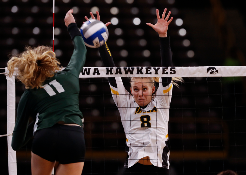 Iowa Hawkeyes right side hitter Reghan Coyle (8) against the Michigan State Spartans Friday, September 21, 2018 at Carver-Hawkeye Arena. (Brian Ray/hawkeyesports.com)