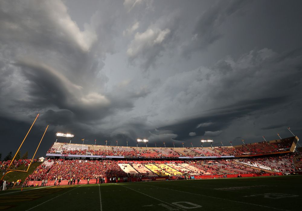 The sky begins to clear over Jack Trice Stadium during a weather delay in the Iowa Hawkeyes game against the Iowa State Cyclones Saturday, September 14, 2019 in Ames, Iowa. (Brian Ray/hawkeyesports.com)