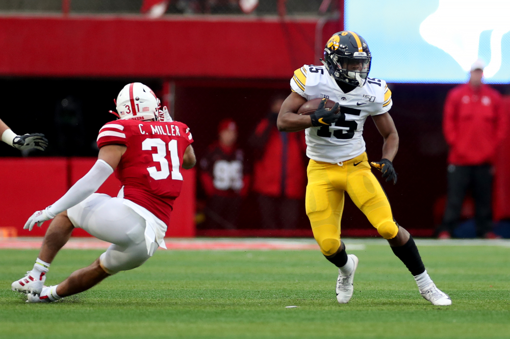Iowa Hawkeyes running back Tyler Goodson (15) against the Nebraska Cornhuskers Friday, November 29, 2019 at Memorial Stadium in Lincoln, Neb. (Brian Ray/hawkeyesports.com)