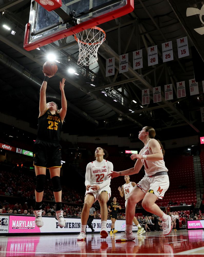 Iowa Hawkeyes forward/center Monika Czinano (25) against the Maryland Terrapins Thursday, February 13, 2020 at the Xfinity Center in College Park, MD. (Brian Ray/hawkeyesports.com)