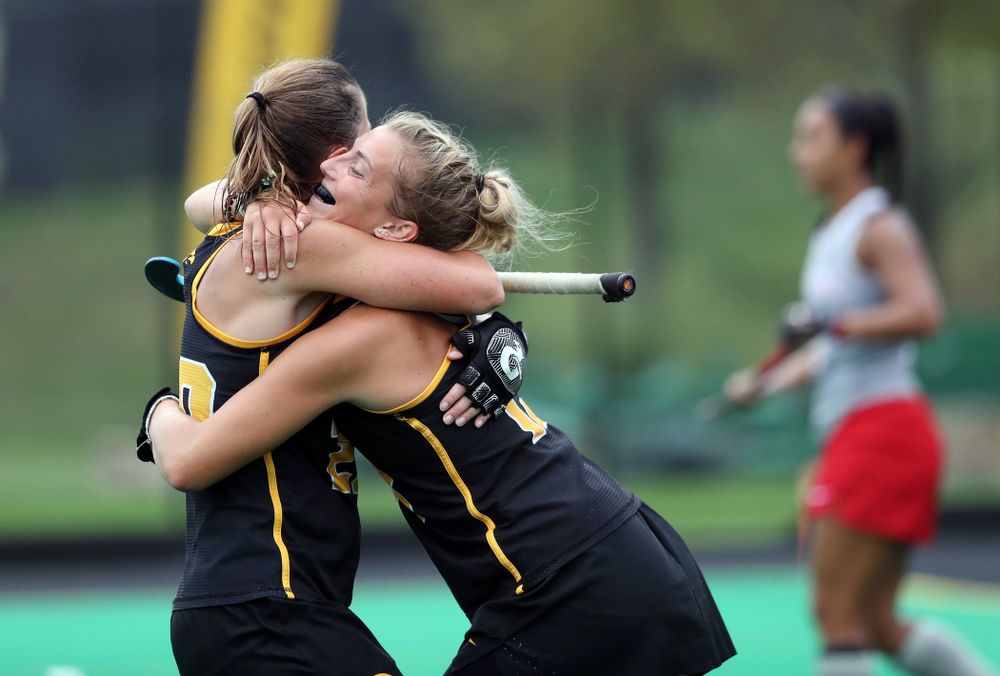 Iowa Hawkeyes forward Leah Zellner (13) celebrates with Sophie Sunderland (20) after scoring her second goal during a 2-1 victory against the Ohio State Buckeyes Friday, September 27, 2019 at Grant Field. (Brian Ray/hawkeyesports.com)