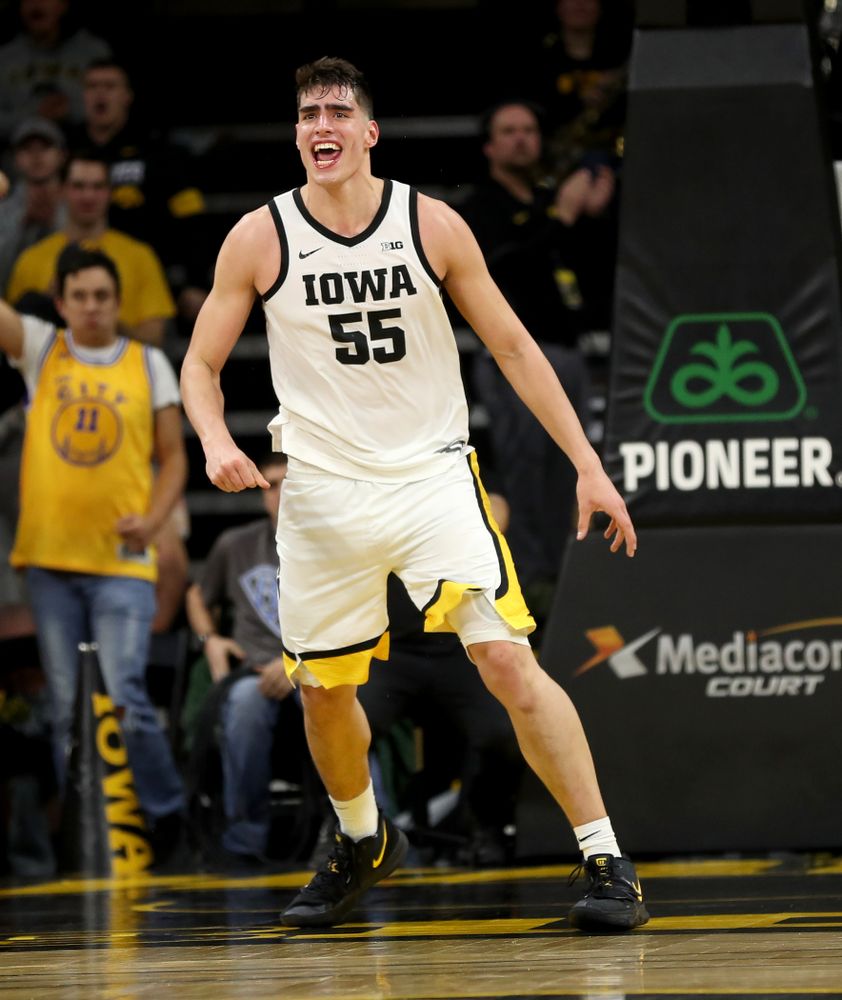 Iowa Hawkeyes forward Luka Garza (55) knocks down a shot against the Michigan Wolverines Friday, January 17, 2020 at Carver-Hawkeye Arena. (Brian Ray/hawkeyesports.com)