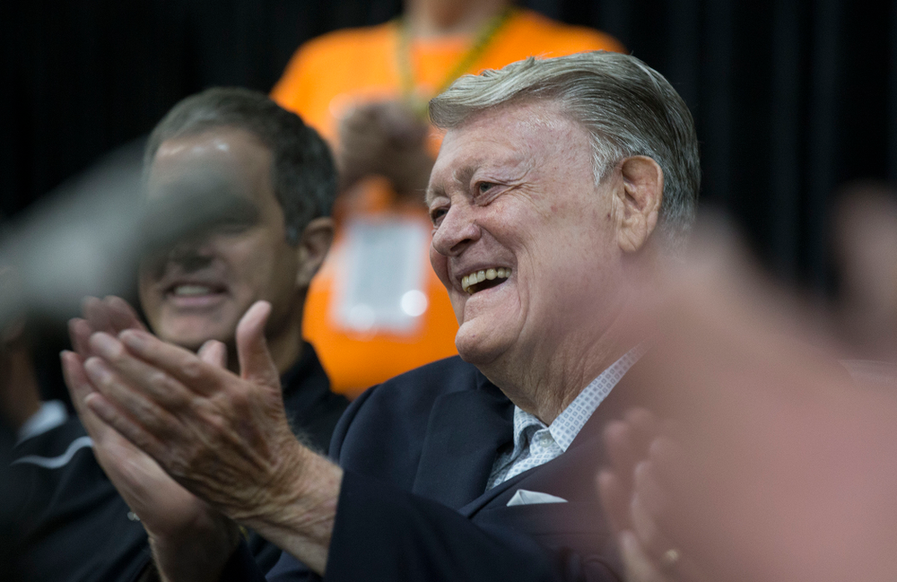 Former Hawkeye Football Head Coach Hayden Fry smiles during Fry Fest Friday, Aug. 29, 2014 in Coralville. (Brian Ray/hawkeyesports.com)