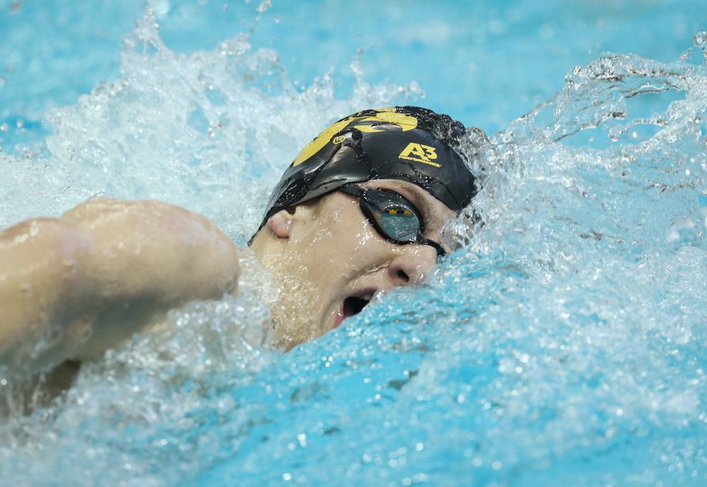 Iowa's Jackson Allmon swims the 500 yard freestyle Thursday, November 15, 2018 during the 2018 Hawkeye Invitational at the Campus Recreation and Wellness Center. (Brian Ray/hawkeyesports.com)