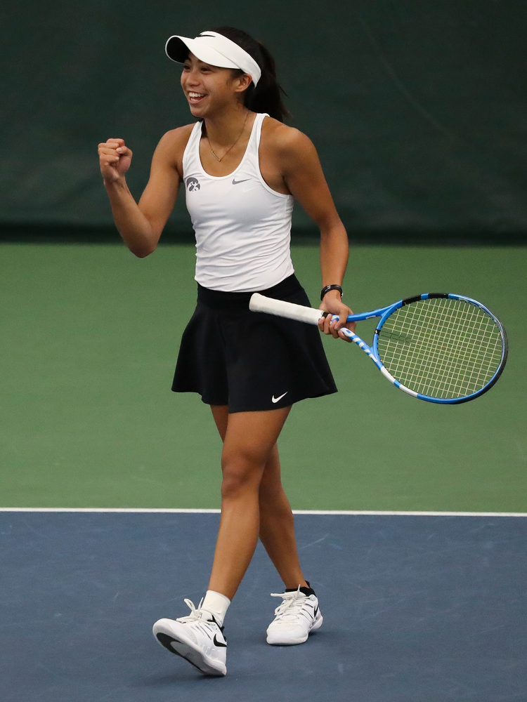 Michelle Bacalla reacts after winning a point in a doubles match during the second day of the ITA Central Regional Championships at the Hawkeye Tennis and Recreation Complex on October 13, 2018. (Tork Mason/hawkeyesports.com)