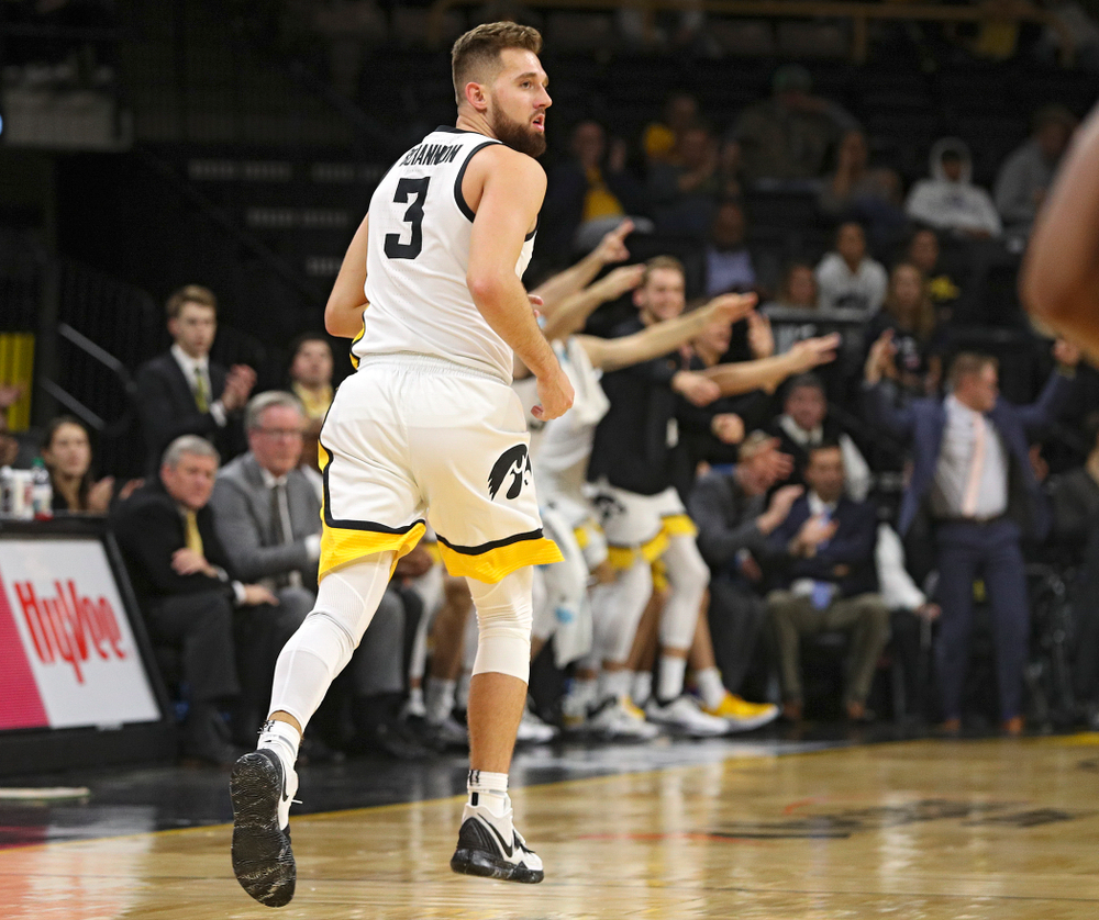 Iowa Hawkeyes guard Jordan Bohannon (3) runs down the court after making a 3-pointer during the first half of their exhibition game against Lindsey Wilson College at Carver-Hawkeye Arena in Iowa City on Monday, Nov 4, 2019. (Stephen Mally/hawkeyesports.com)