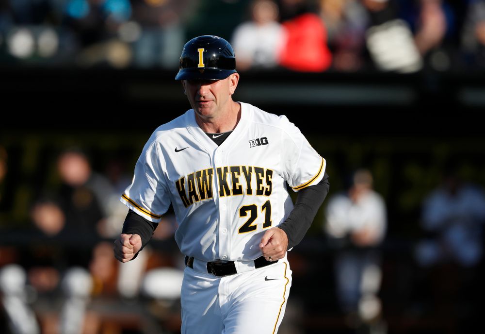 Iowa Hawkeyes head coach Rick Heller against the Michigan Wolverines Friday, April 27, 2018 at Duane Banks Field in Iowa City. (Brian Ray/hawkeyesports.com)