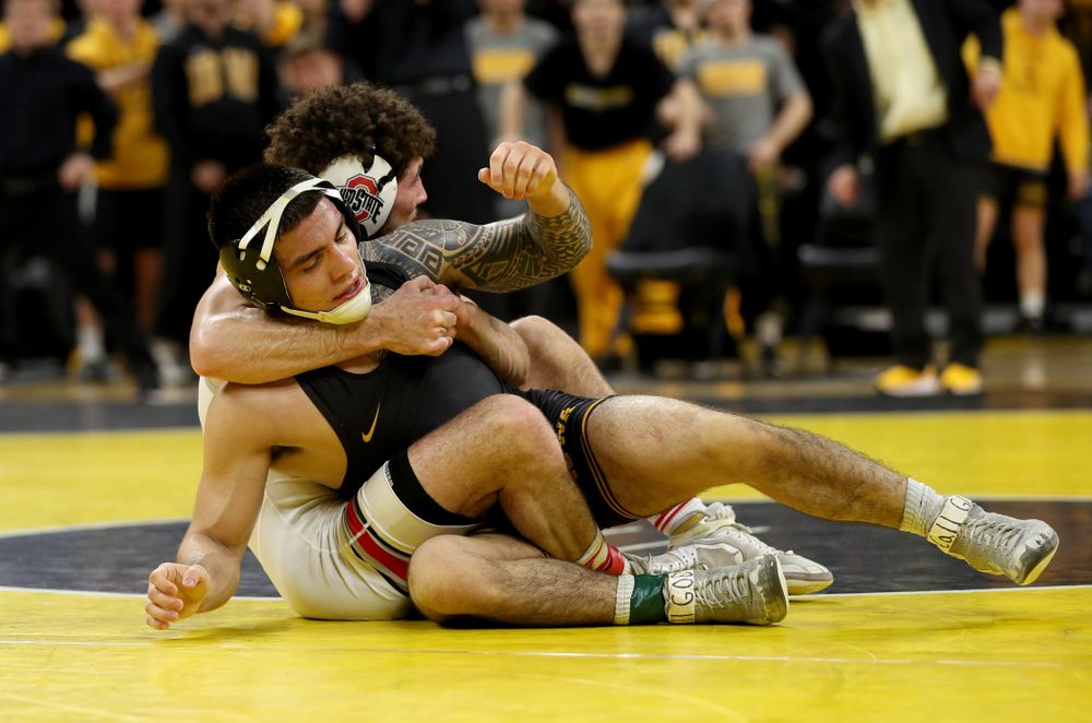 Iowa’s Pat Lugo wrestles Ohio State’s Sammy Sasso at 149 pounds Friday, January 24, 2020 at Carver-Hawkeye Arena. Sasso won the match with a 2-1 in overtime. (Brian Ray/hawkeyesports.com)