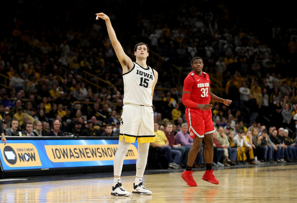 Iowa Hawkeyes forward Ryan Kriener (15) against the Ohio State Buckeyes Thursday, February 20, 2020 at Carver-Hawkeye Arena. (Brian Ray/hawkeyesports.com)
