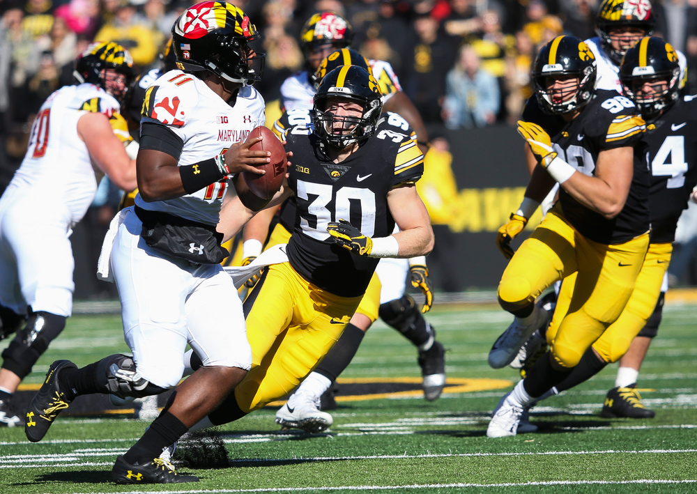 Iowa Hawkeyes defensive back Jake Gervase (30) rushes the quarterback during a game against Maryland at Kinnick Stadium on October 20, 2018. (Tork Mason/hawkeyesports.com)