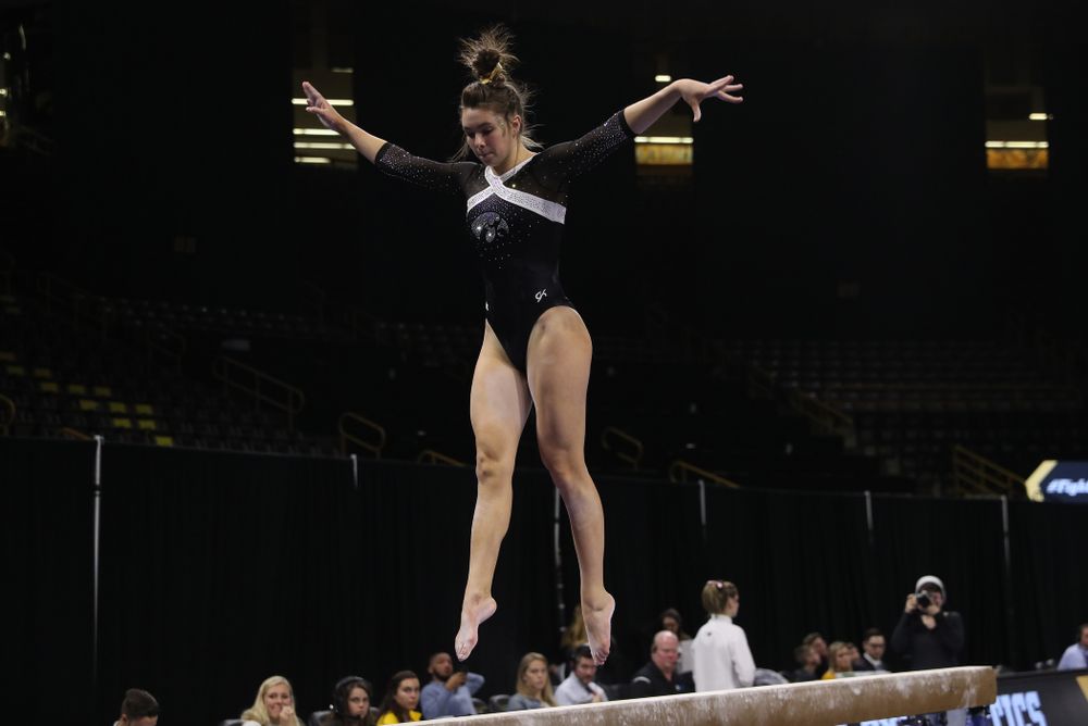 Iowa's Bridget Killian competes on the beam against the Rutgers Scarlet Knights Saturday, January 26, 2019 at Carver-Hawkeye Arena. (Brian Ray/hawkeyesports.com)
