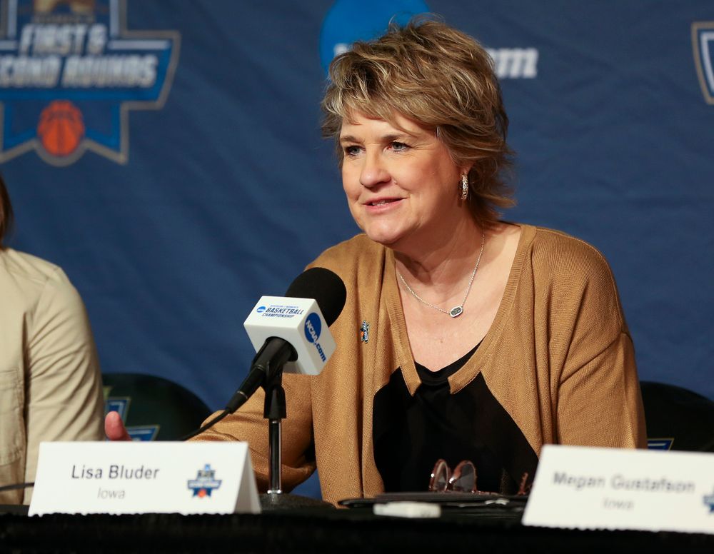 Iowa Hawkeyes head coach Lisa Bluder talks during their press availability after winning their game in the first round of the 2019 NCAA Women's Basketball Tournament at Carver Hawkeye Arena in Iowa City on Friday, Mar. 22, 2019. (Stephen Mally for hawkeyesports.com)