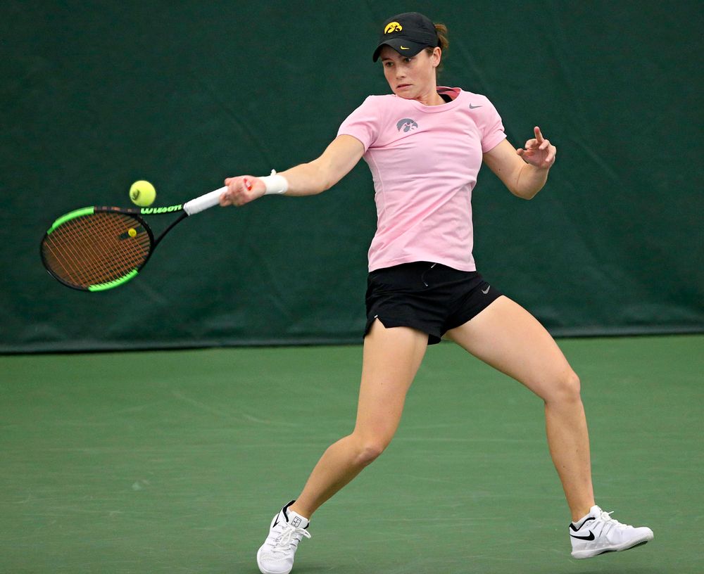 Iowa's Elise van Heuvelen Treadwell plays a match against Purdue at the Hawkeye Tennis and Recreation Complex in Iowa City on Friday, Mar. 29, 2019. (Stephen Mally/hawkeyesports.com)