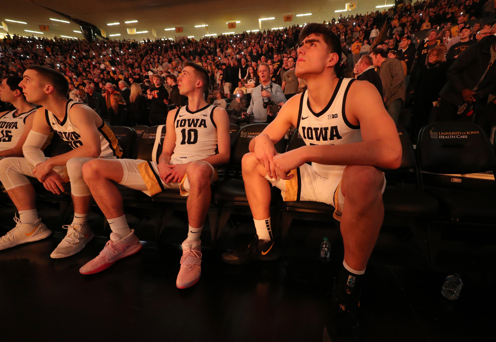 Iowa Hawkeyes forward Luka Garza (55), guard Joe Wieskamp (10), and guard Connor McCaffery (30) against the Ohio State Buckeyes Thursday, February 20, 2020 at Carver-Hawkeye Arena. (Brian Ray/hawkeyesports.com)