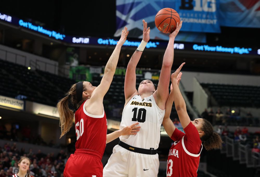 Iowa Hawkeyes forward Megan Gustafson (10) against the Indiana Hoosiers in the quarterfinals of the Big Ten Tournament Friday, March 8, 2019 at Bankers Life Fieldhouse in Indianapolis, Ind. (Brian Ray/hawkeyesports.com)