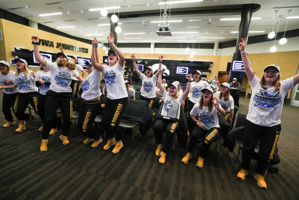 The Iowa Hawkeyes celebrate their victory over Penn State in the 2019 Big Ten Field Hockey Tournament Championship Game Sunday, November 10, 2019 in State College. (Brian Ray/hawkeyesports.com)