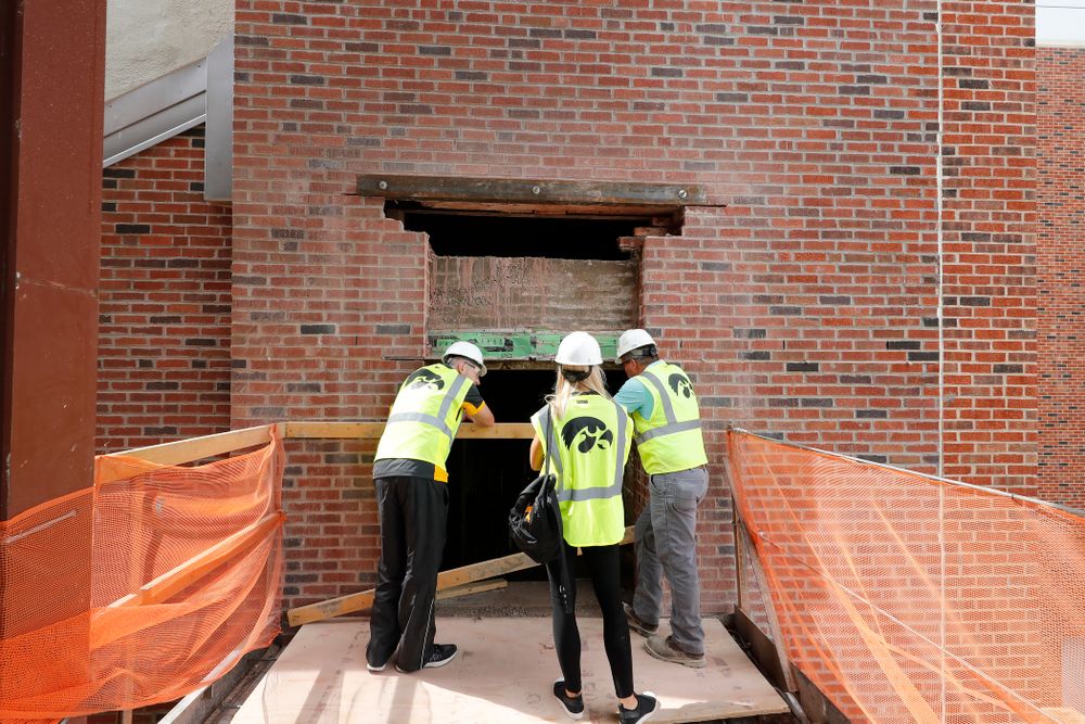 A new opening that connects the club level of the new north end zone to a service corridor, and storage area in the west stands under the press box Wednesday, June 6, 2018 at Kinnick Stadium. The corridor allows the club area to utilize the commercial kitchen in the press box. (Brian Ray/hawkeyesports.com)