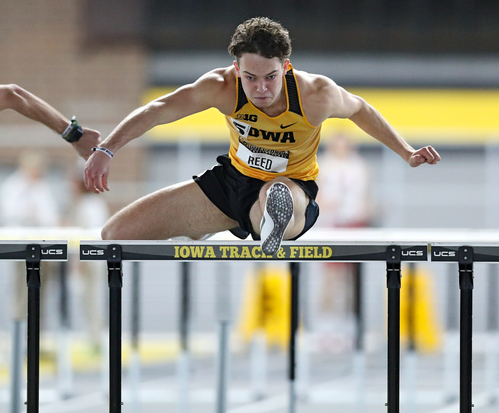 Iowa’s Gratt Reed runs the men’s 60 meter hurdles premier preliminary event during the Larry Wieczorek Invitational at the Recreation Building in Iowa City on Saturday, January 18, 2020. (Stephen Mally/hawkeyesports.com)