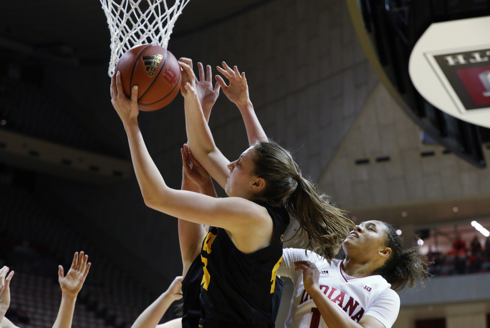 Iowa Hawkeyes forward Amanda Ollinger (43) against the Indiana Hoosiers Thursday, February 21, 2019 at Simon Skjodt Assembly Hall. (Brian Ray/hawkeyesports.com)