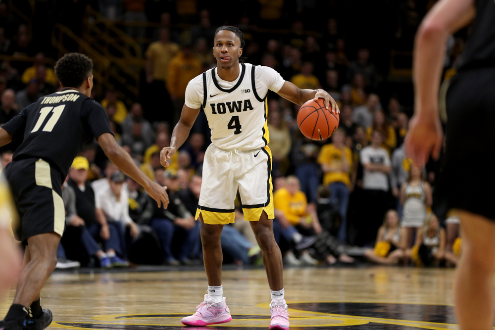 Iowa Hawkeyes guard Bakari Evelyn (4) against the Purdue Boilermakers Tuesday, March 3, 2020 at Carver-Hawkeye Arena. (Brian Ray/hawkeyesports.com)