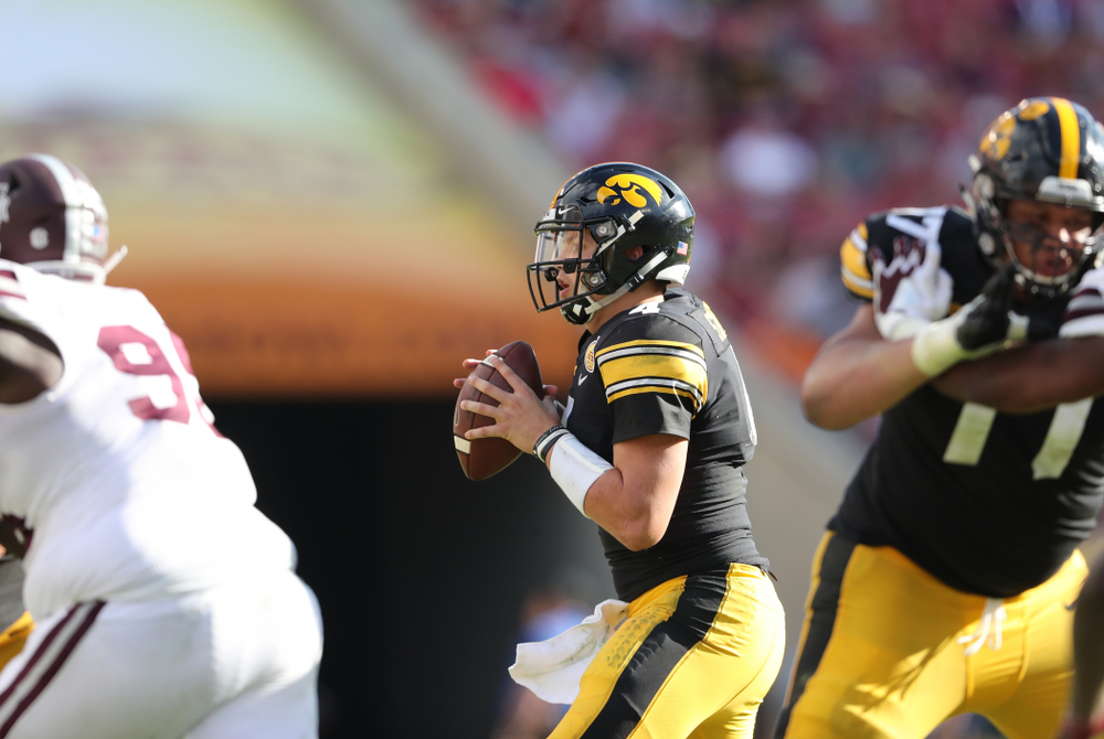 Iowa Hawkeyes quarterback Nate Stanley (4) during their Outback Bowl Tuesday, January 1, 2019 at Raymond James Stadium in Tampa, FL. (Brian Ray/hawkeyesports.com)