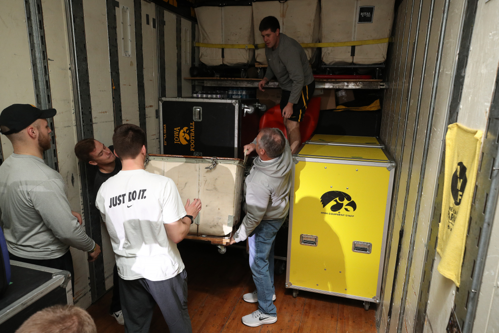 Members fo the Hawkeye Football equipment staff and managers load equipment onto the truck bound for Tampa for the Outback Bowl Wednesday, December 19, 2018 at the Hansen Football Performance Center. (Brian Ray/hawkeyesports.com)