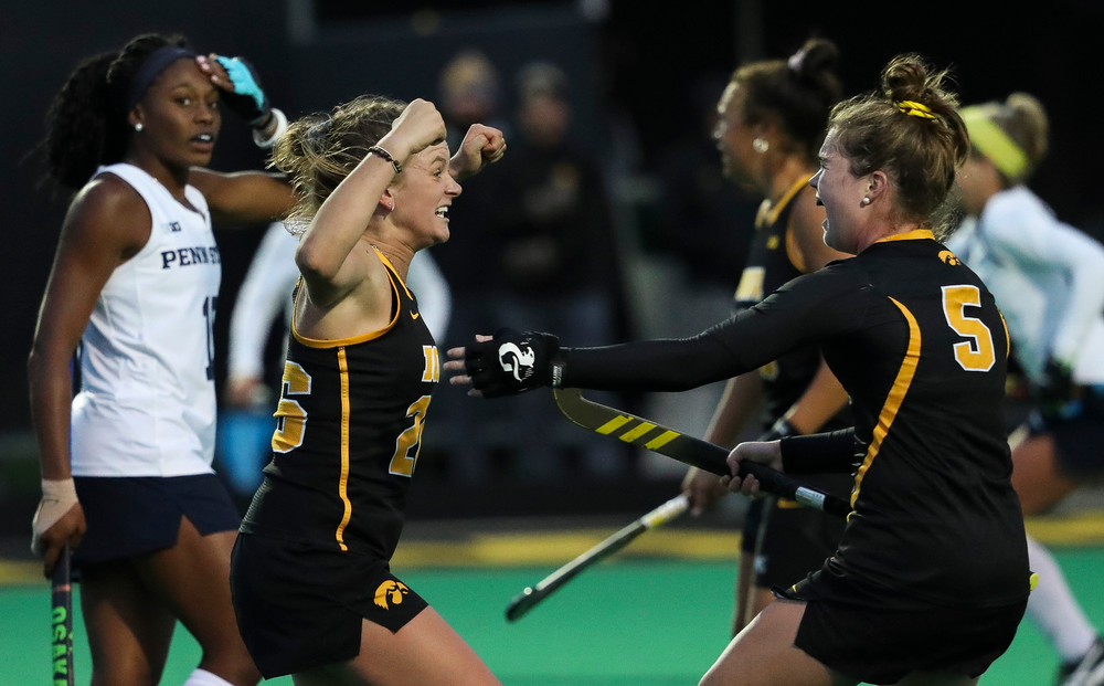 Iowa Hawkeyes forward Madeleine Murphy (26) celebrates after scoring a game-winning goal during a game against No. 6 Penn State at Grant Field on October 12, 2018. (Tork Mason/hawkeyesports.com)